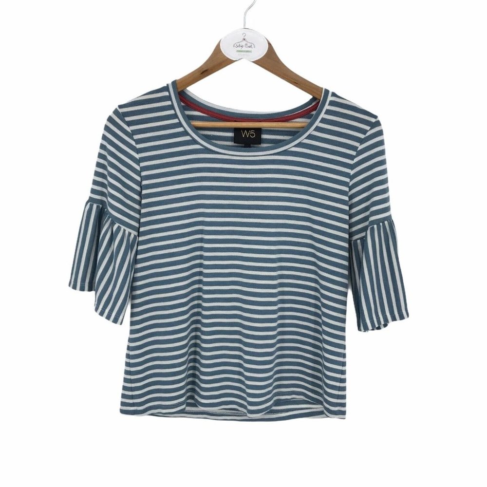 W5 Womens Top S Blue White Stripe 3/4 Flounce Sleeve Stretchy Soft